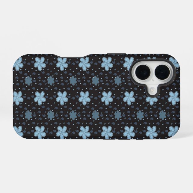 Noir avec Blue Paisley Flowers iPhone 16 Coque (Verso Horizontal)