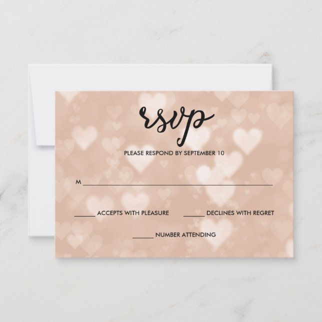 Noir avec Faux Rose Gold Bokeh Hearts RSVP (Devant)