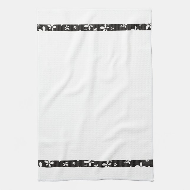 Noir avec Fleurs Blanches Bordure Tea Serviette de (Vertical)