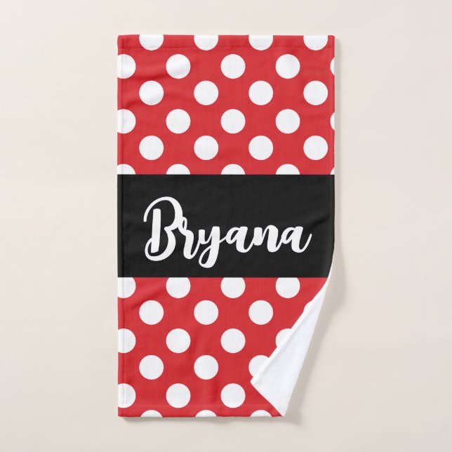 Noir avec points blancs rouges personnalisés (Serviette à main)