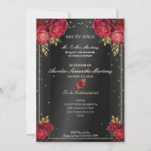 Noir avec Red Roses Quinceañera Invitations