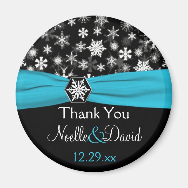 Noir, Blanc, Aqua Snowflakes Wedding Favor Magnet (Devant)