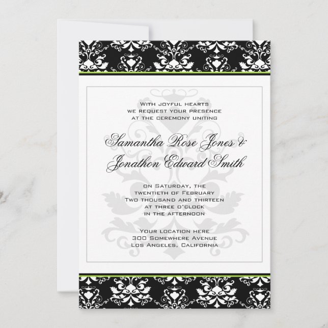 Noir & Blanc Damas Green Accent Wedding Invitation (Devant)