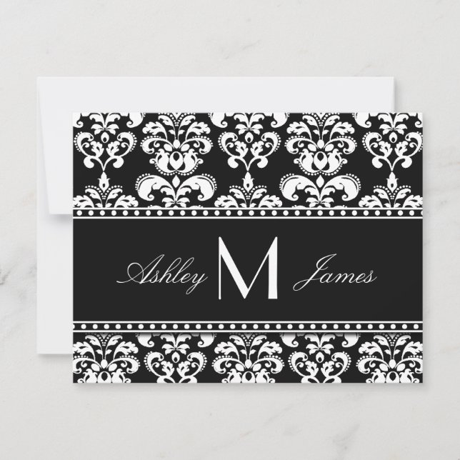 Noir Blanc Damas Monogramme Mariage Cartes RSVP (Devant)
