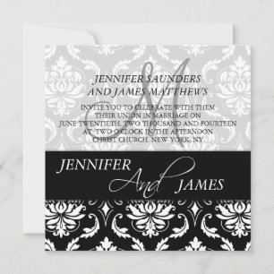 Noir Blanc Damas Monogramme Mariage Invitations
