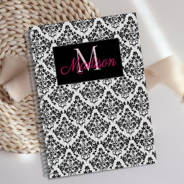 Noir Blanc Damask mignonne Girly Monogramme tendan (Créateur téléchargé)