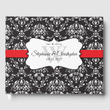 Noir Blanc Damask Red Stripe Mariage Livre d'invit