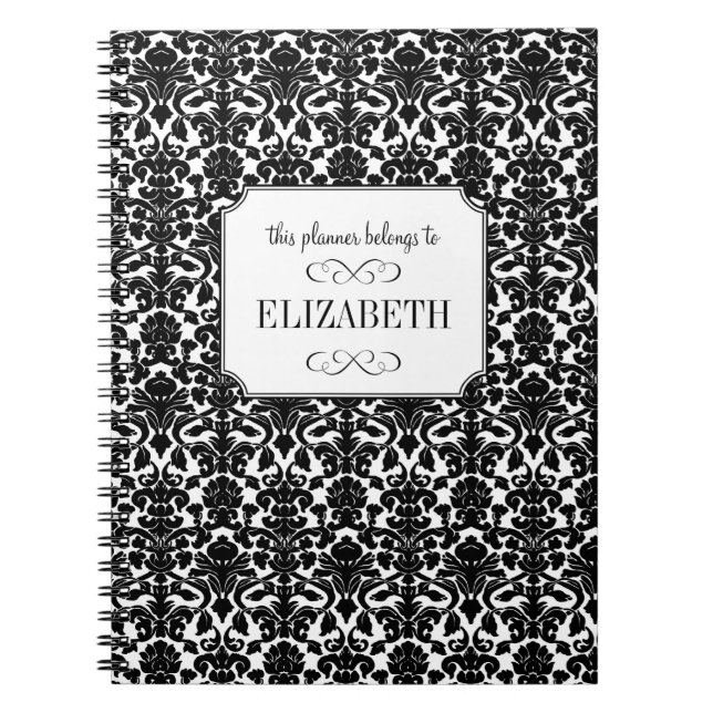 Noir blanc damassé personnalisé journal de planifi (Devant)
