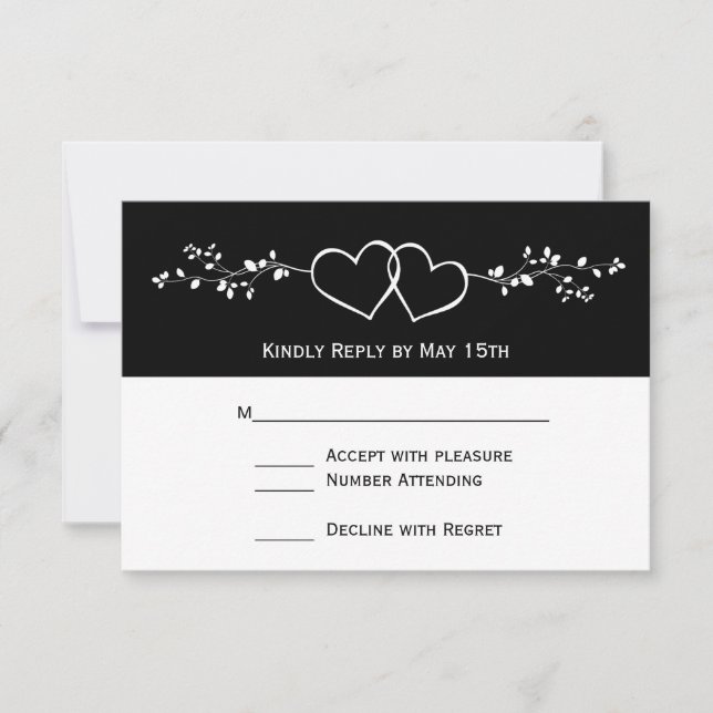 Noir Blanc Double Coeurs Mariage Cartes RSVP (Devant)
