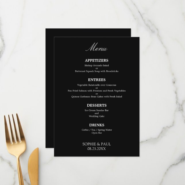 Noir Blanc élégant élégant Menu Mariage élégant (Devant/Arrière en situation)