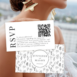 Noir blanc floral boho mariage RSVP QR cartes de c