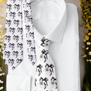 Noir Blanc Floral Botanique Lily Cravate de ruban
