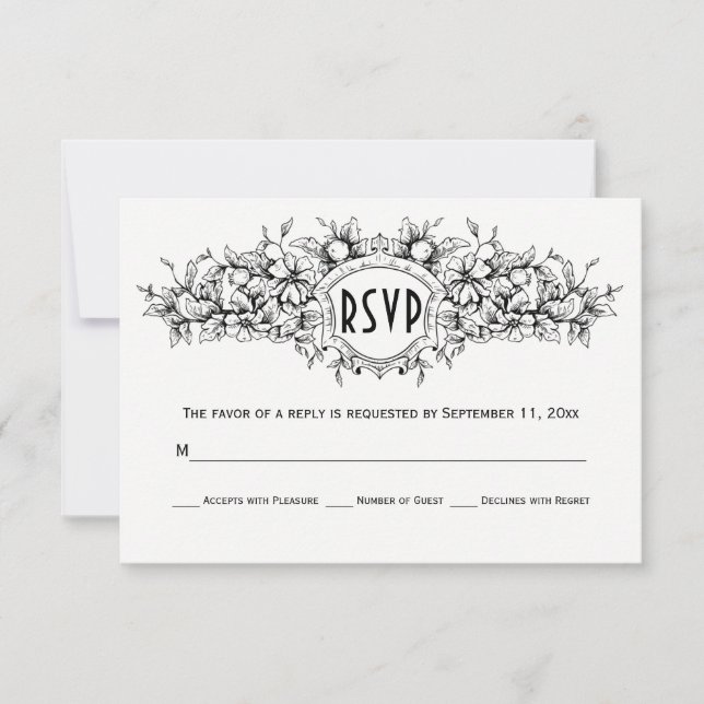 Noir, blanc floral heraldique mariage RSVP (Devant)