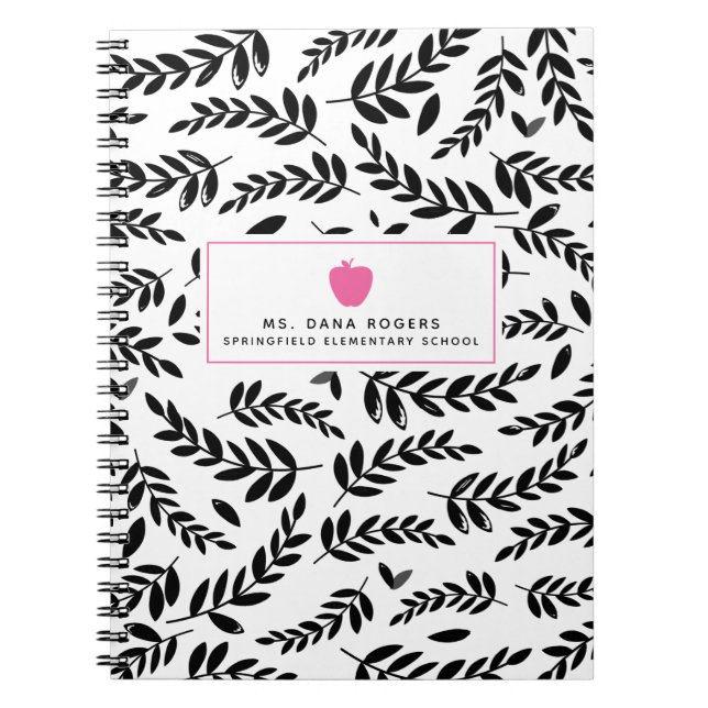 Noir + Blanc Foliage Pomme rose Carnet enseignant (Devant)
