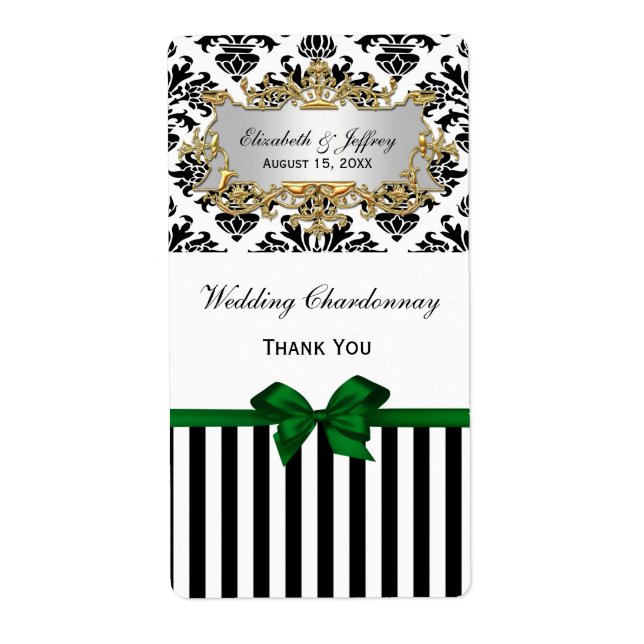 Noir Blanc Grille Damask Forêt Vert Vin Étiquette (Devant)