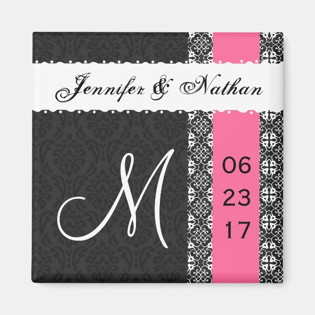 Noir Blanc Hot rose Damask Lace Magnet Mariage (Devant)