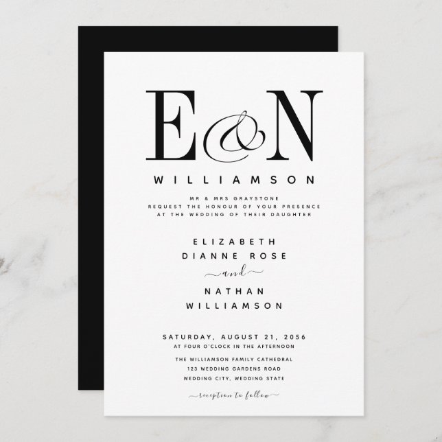 Noir & Blanc moderne Elégant Mariage Invitation (Devant / Derrière)