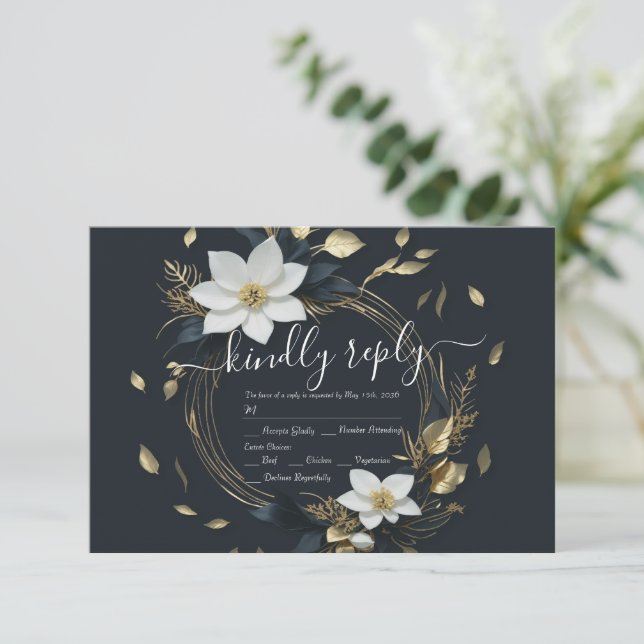 Noir blanc moderne Or Floral Wreath Wedding RSVP (Debout devant)