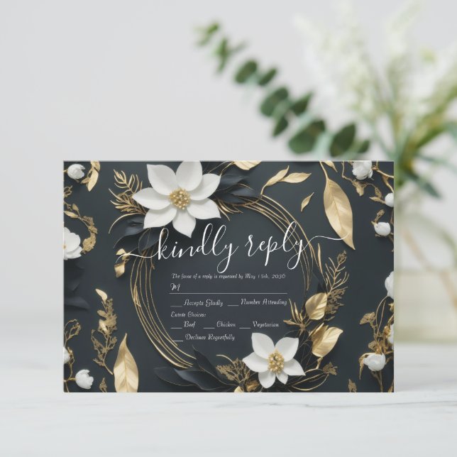 Noir blanc moderne Or Floral Wreath Wedding RSVP (Debout devant)