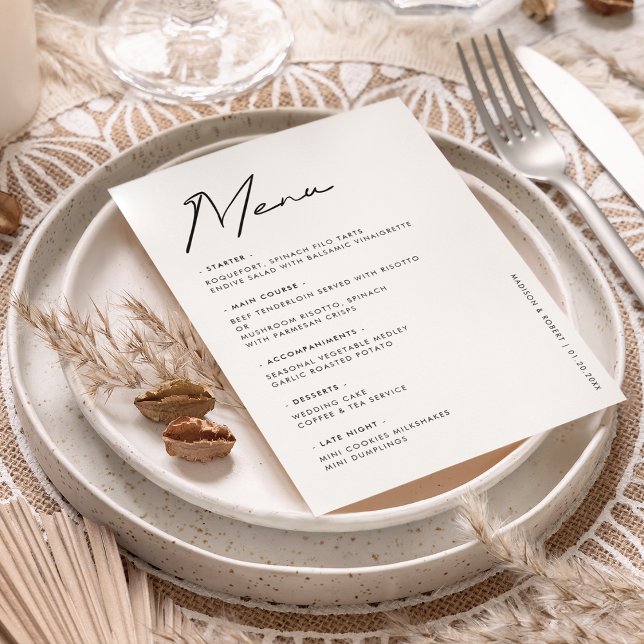 Noir Blanc Moderne Typographie Mariage Menu Table (Créateur téléchargé)