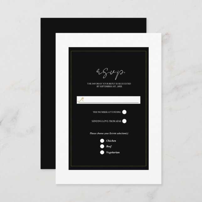 Noir Blanc Or moderne Mariage minimal RSVP (Devant / Derrière)