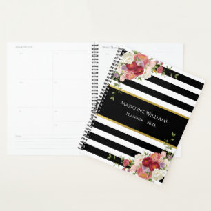 Noir Blanc rayé Floral Or Planificateur 2025