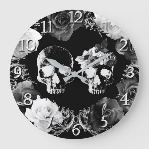 Noir Blanc Rose Squelette Crâne Gothique Horloge