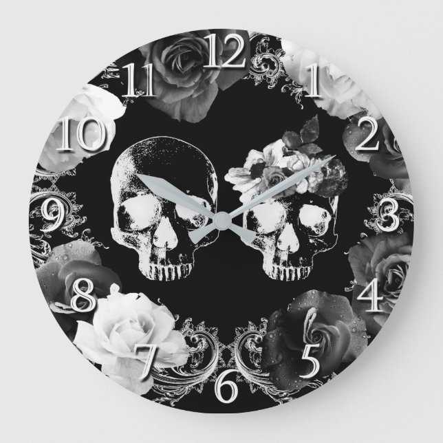 Noir Blanc Rose Squelette Crâne Gothique Horloge (Recto)