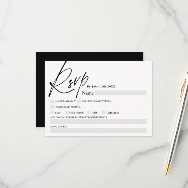 Noir blanc script calligraphie nourriture rsvp mar (Devant/Arrière en situation)