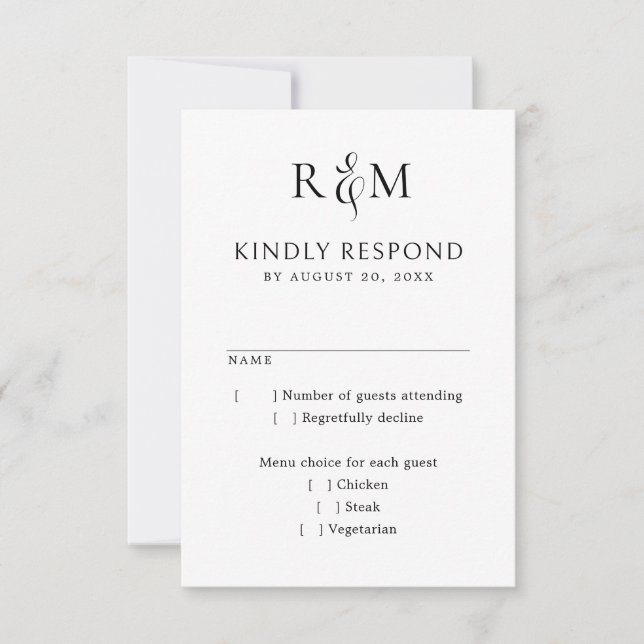 Noir Blanc Simple Monogramme Mariage RSVP (Devant)