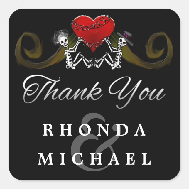 Noir Blanc Skeletons Coeur Merci Étiquette (Devant)