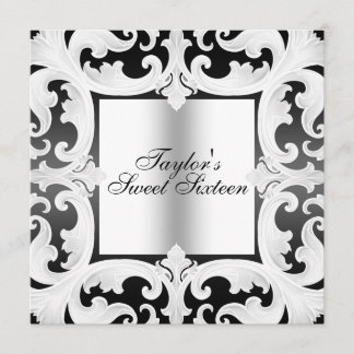 Noir/Blanc Sweet16 Damask Design Invitation d'anni