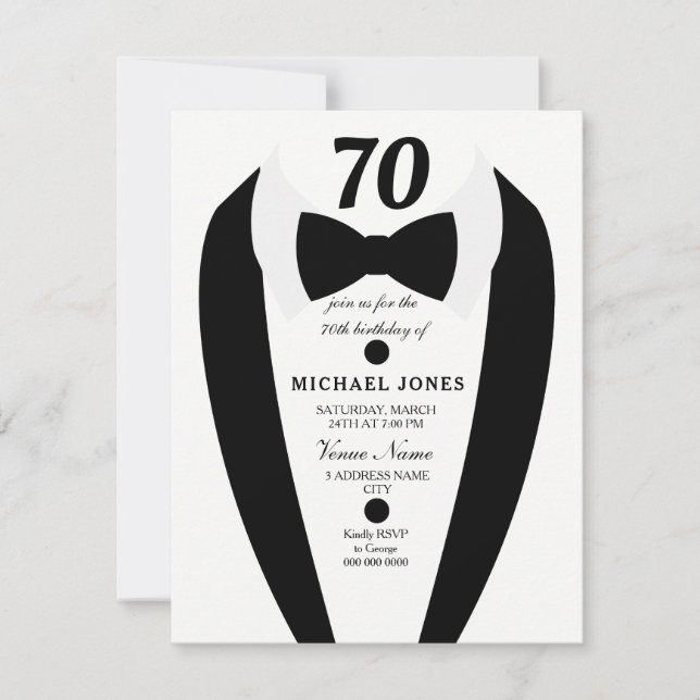 Noir blanc Tuxedo Mens 70e anniversaire Invitation (Devant)