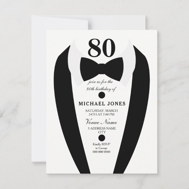 Noir blanc Tuxedo Mens 80e anniversaire Invitation (Devant)