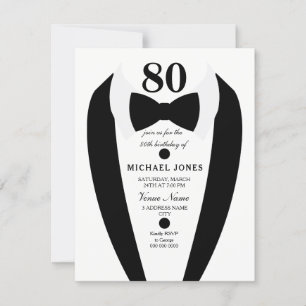 Noir blanc Tuxedo Mens 80e anniversaire Invitation
