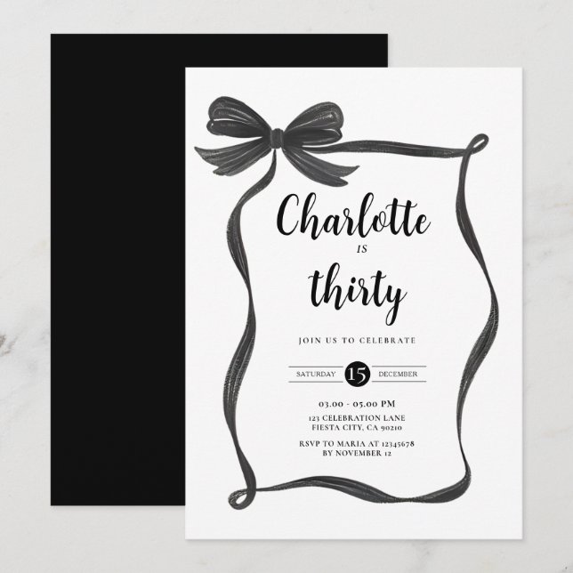 Noir Bow Coquette Bow 30e anniversaire Invitation (Devant / Derrière)
