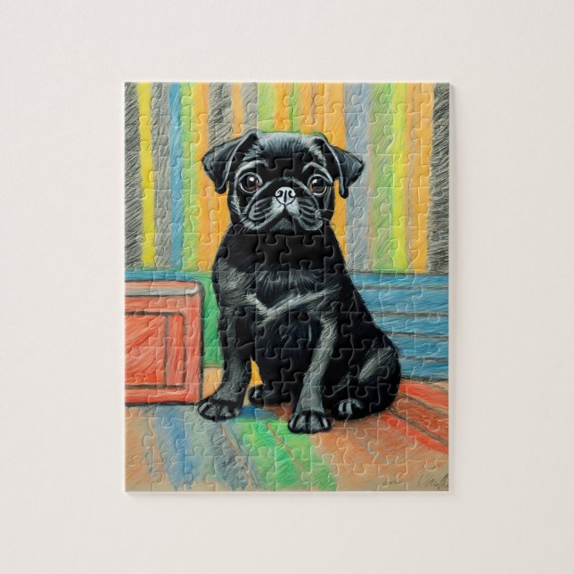 Noir Carlin chiot crayon art puzzle idée cadeau (Vertical)