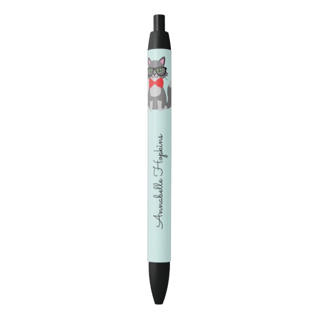 Noir Cute Hipster Grey Nom du chat Stylo d'encre noire (devant Vertical)