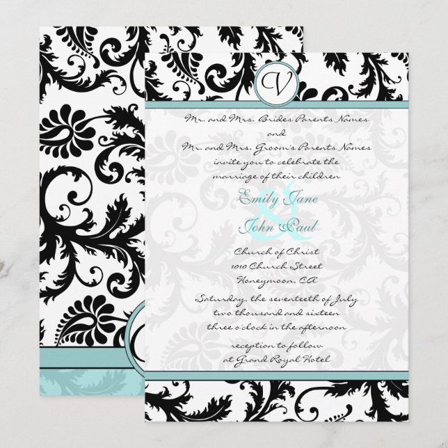 Noir Damas Aqua Faire-part de mariage bleu (Devant / Derrière)