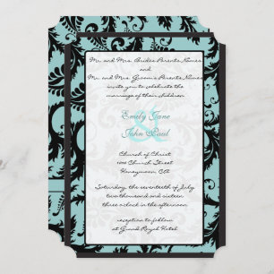 Noir Damas Faire-part de mariage bleu Turquoise