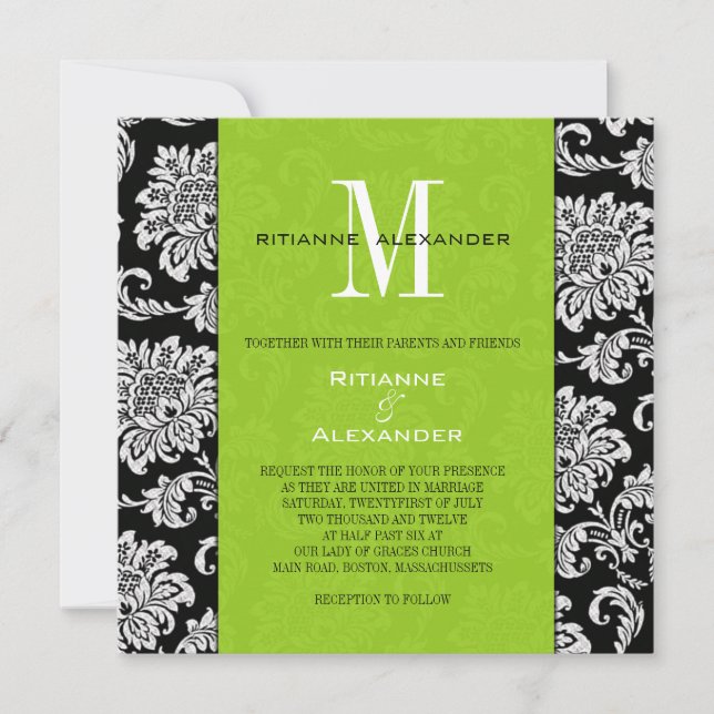 Noir Damas Faire-part de mariage vert Monogramme (Devant)