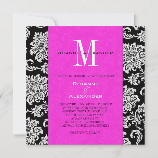 Noir Damas Hot rose Faire-part de mariage (Devant)