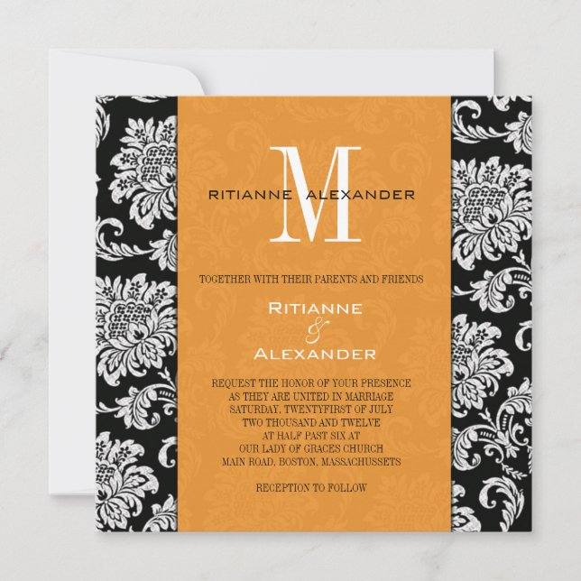 Noir Damas Orange Faire-part de mariage Monogramme (Devant)