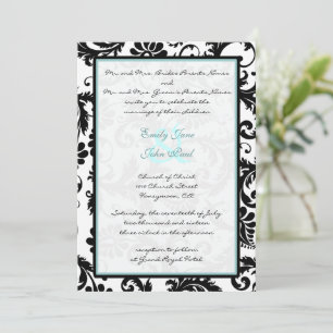 Noir Damask Aqua Blue Monogram Faire-part de maria