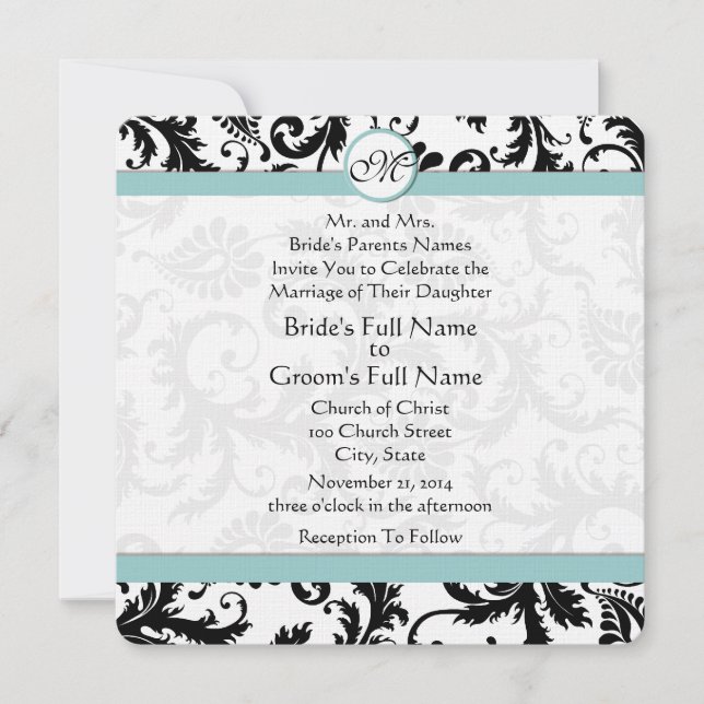 Noir Damask Aqua Pool Faire-part de mariage Bleu (Devant)