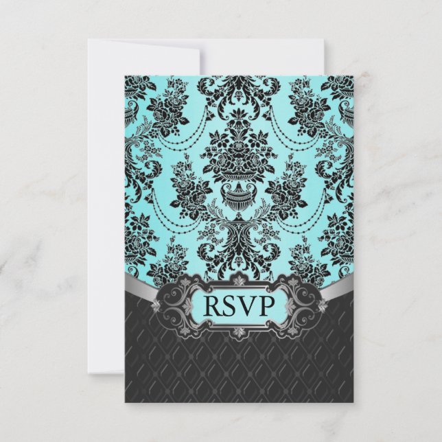 Noir Damask Blue Wedding Cartes RSVP (Devant)