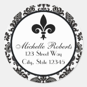 Noir Damask Fleur De Lys Étiquette de adresse
