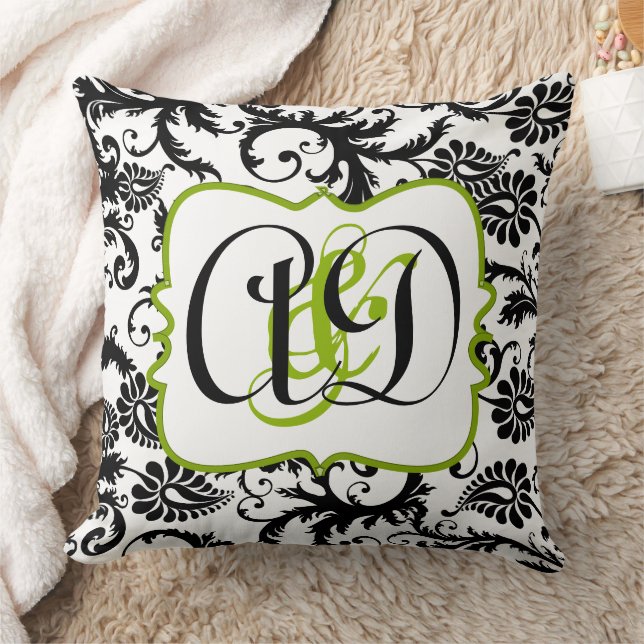 Noir Damask Monogram mariée et Coussin de chambre (Couverture)