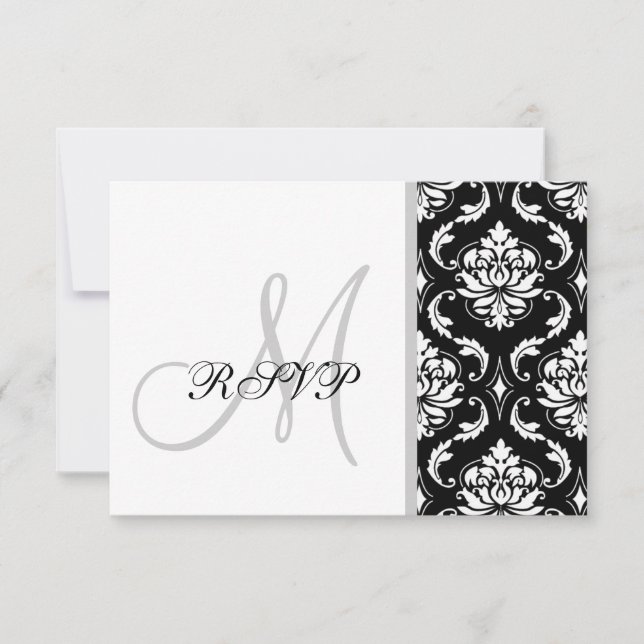 Noir Damask Monogramme Mariage RSVP (Devant)