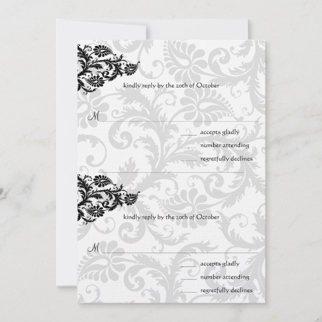 Noir Damask Plum Hearts RSVP Faire-part de mariage (Devant)